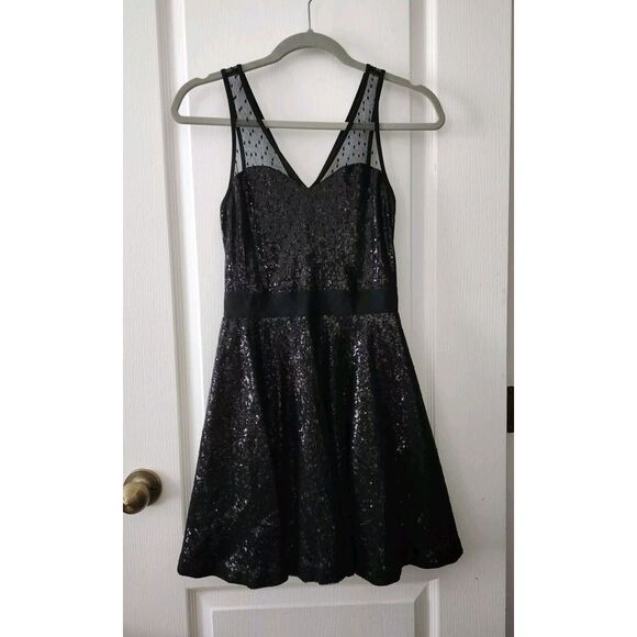 Express Sequin Dress Women's Black Mesh Overlay Sleeveless Side Zip Mini Size XS - Picture 3 of 11